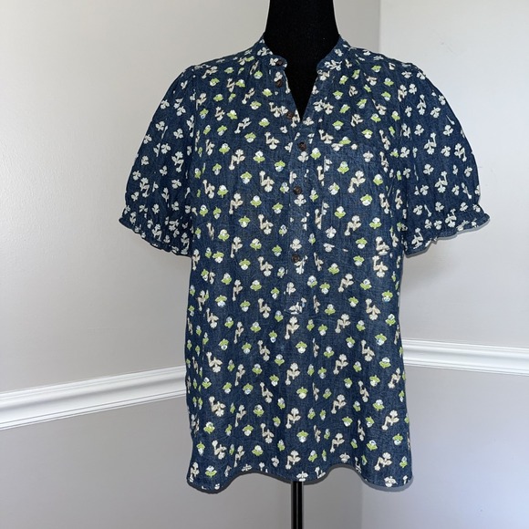 Anthropologie Pilcro Womens Aly Puff Sleeve Blouse Blue Denim Cotton Boho Top XL - Picture 4 of 16